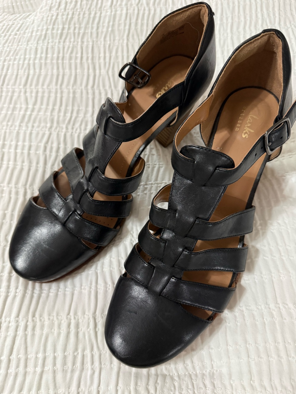 Clarks Black Leather Strappy Block Heel Sandals
